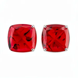 Elegant square marbled red resin stud earrings with silver-toned prongs in minimalist style