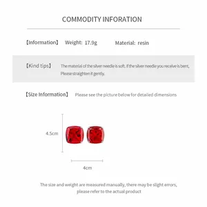 Detailed view of 4.5cm red faceted square resin stud earrings with weight and size info