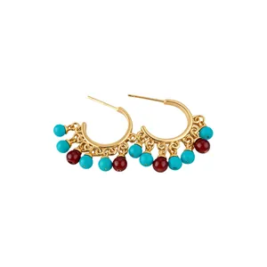 18k gold plated C-shape hoop earrings with vintage turquoise and red resin beads.