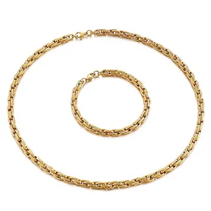 Gold-plated stainless steel necklace and bracelet set with textured snake link design