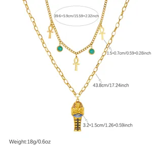 Collana a strati vintage in acciaio inossidabile dorato con pendenti Faraone e Ankh