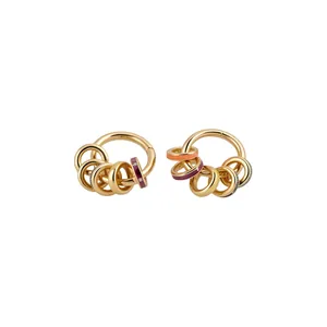 14k gold plated huggie hoop earrings with colorful enamel dangling ring charms