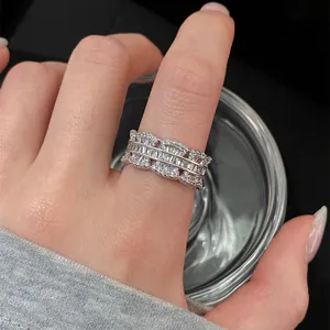 Silver-plated zircon lace open ring for women with baguette stones on index finger