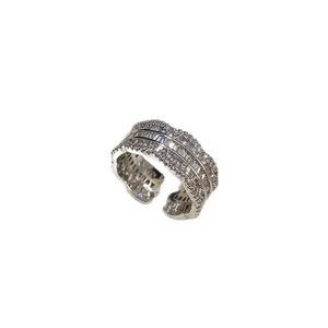 Elegant silver lace open ring featuring rows of sparkling cubic zirconia stones for women