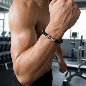 Men's matte black onyx beaded bracelet featuring a stainless steel dumbbell LIFE FIT charm