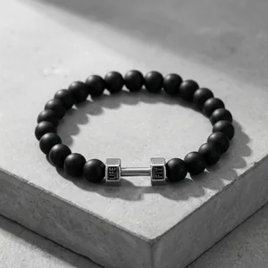 Men's minimalist black matte beaded bracelet with silver dumbbell charm and LIFE FIT engraving