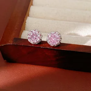 Boucles d'oreilles élégantes en zircon rose rond avec une auréole en argent pour femme