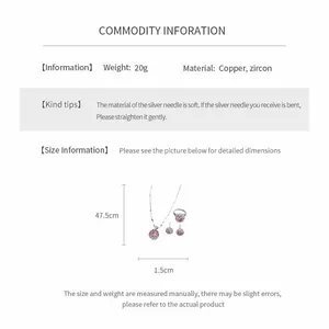 Détails des dimensions et matériaux pour cet ensemble complet de bijoux en zircone rose