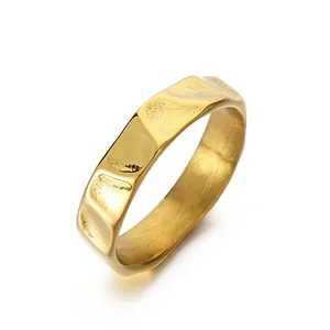 Elegant gold hammered texture titanium steel band ring for men and women minimalist style