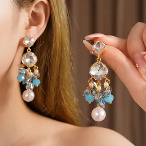 Vintage geometric square glass tassel earrings featuring white pearls and clear blue beads
