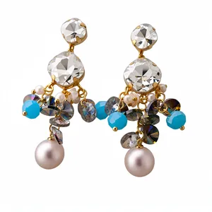 Elegant vintage geometric square glass tassel earrings with pink pearls and blue beads.