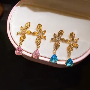 Elegant 18K gold plated flower teardrop earrings with pink and blue zircon stones
