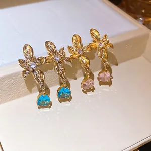 Elegant 18k gold plated flower drop earrings with sparkling blue and pink zircon stones
