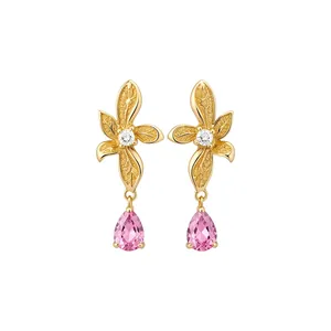 Elegant 18k gold plated floral stud earrings featuring pink pear-cut drop gemstones
