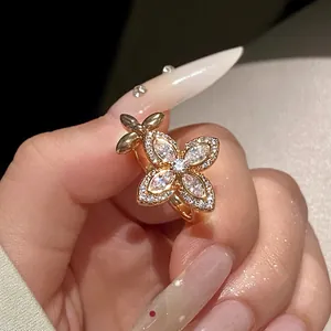 Elegant rose gold flower open ring encrusted with sparkling white zircons