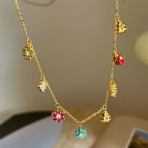 Sweet Zirconia Flower Pendant Necklace Copper Gold Silver Plated Enamel Ladybug Clover Clavicle Chain Vacation Jewelry For Women