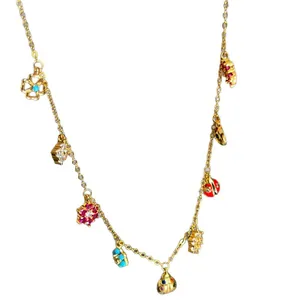 Sweet gold flower necklace with colorful gemstone charms and ladybug for vacation style
