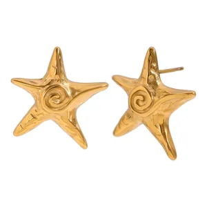 Elegant 18K gold plated stainless steel starfish stud earrings with a spiral design