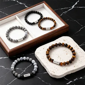 Custom engraved stainless steel name plate with natural volcanic stone bead bracelets