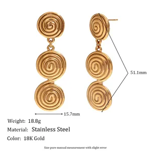 Triple spiral drop earrings in 18K gold plated stainless steel shown from multiple angles