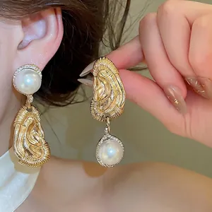 Western Statement Ear Shaped Alloy Drop Earrings With Large Artificial Pearl And Rhinestone For Women Artistic Jewelry Gift
