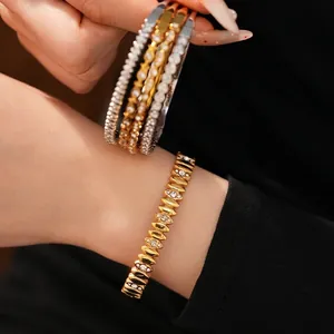 Luxury Stainless Steel Rhinestone Bangle For Women Gold Silver Minimalist Chic Heart Geometric Pattern Cuff Bracelet Jewelry