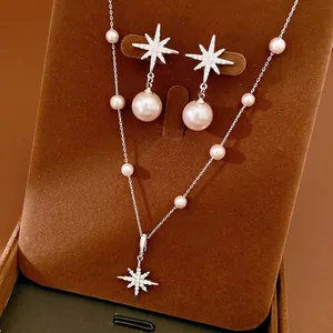 Women's Star Pendant Pearl Beaded Zirconia Necklace And Earrings Jewelry Set With Silver Earring Post Elegant Clavicle Chain