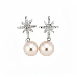 Exquisite silver star-shaped drop earrings featuring shiny zircon and pinkish pearl