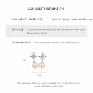 Detailed product information showing dimensions and material of star pearl drop earrings