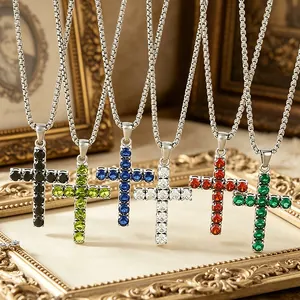 Stainless Steel Cross Pendant Necklace With Colorful Zirconia Hip Hop Trendy Fashion Jewelry Unisex Gift