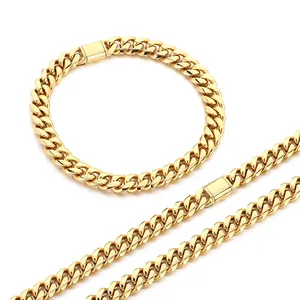 Conjunto de collar y pulsera de cadena de eslabones cubanos Miami en acero dorado pulido