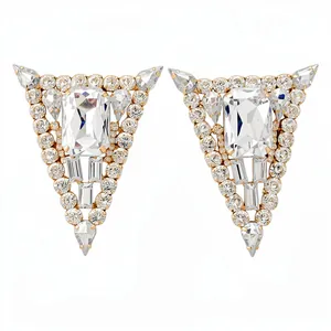 Luxurious geometric triangle stud earrings with large emerald cut central crystals