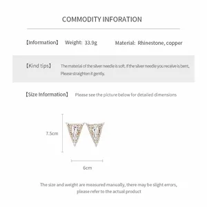 Macro view of rhinestone triangle earrings with size and weight details.