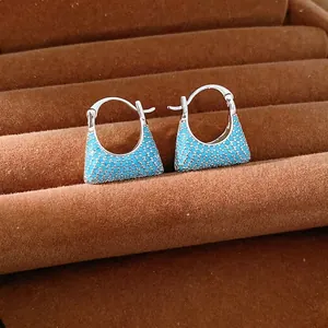 Vintage Square Zirconia Huggie Hoop Earrings For Women Copper Silver Color Blue Stone Inlaid Geometric Minimalist Luxury Ear Jewelry
