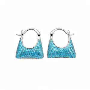 Vintage silver trapezoidal hoop earrings featuring elegant turquoise pavé stone inlay details