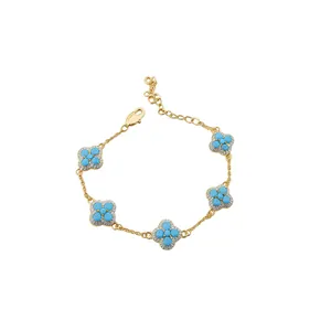 18K vergoldetes Armband mit türkisfarbenen Blumenanhängern und Zirkoniasteinen