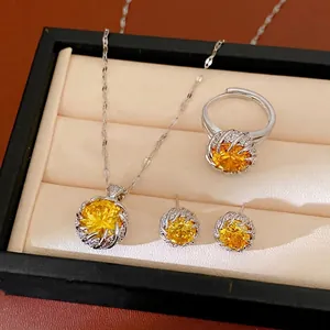 Luxury Copper Zirconia Round Jewelry For Women Necklace Earrings And Ring Palatial Retro Elegant Accessories Banquet Gift