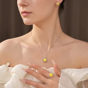 Elegant 3-piece jewelry set with yellow round zircon, including necklace, ring, and earrings.