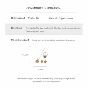 Dimensions and material specifications for the zircon jewelry set including necklace and ring