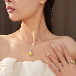 Elegant yellow round zirconia jewelry set including necklace earrings and ring for women