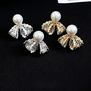 Elegant 18K gold plated lace bow earrings with white pearls and sparkling zircon stones