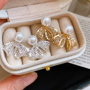 French style lace bow pearl earrings with 18K gold plating and zircon accents in a box