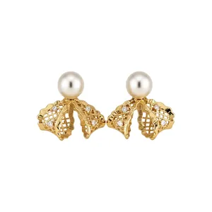 Elegant 18K gold-plated lace bow stud earrings with white pearls and zircons for women