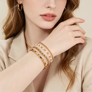 Stainless Steel Bracelet With Imitation Artificial Pearl 18K Gold Plated Minimalist Layering Link Chain Jewelry For Women Men