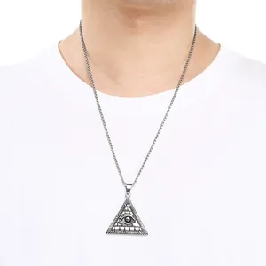 Vintage stainless steel necklace with Eye of Providence pyramid pendant for men