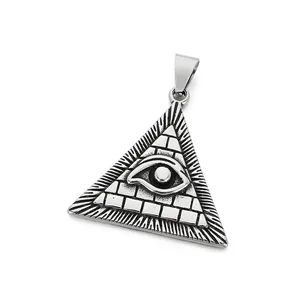 Vintage stainless steel pyramid pendant featuring the mystic All-Seeing Eye symbol for men