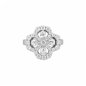 Elegant silver-tone open ring featuring a zircon-encrusted flower motif and hollow design