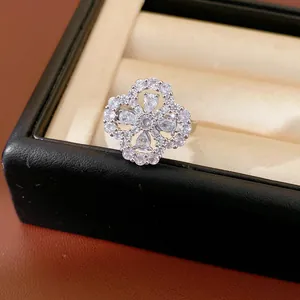 Detailed view of an exquisite silver flower ring set with sparkling water-drop cubic zirconia