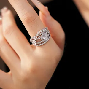 Macro view of a luxurious silver zircon hollow open ring showing exquisite details