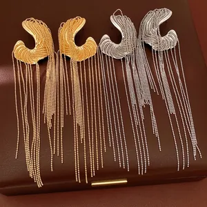 Western Style Irregular Long Tassel Drop Earrings For Women Elegant Light Luxury Alloy Gold Silver Statement Jewelry
